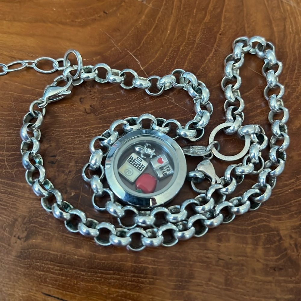 Origami Owl Silver Rolo Necklace with Teacher Charms